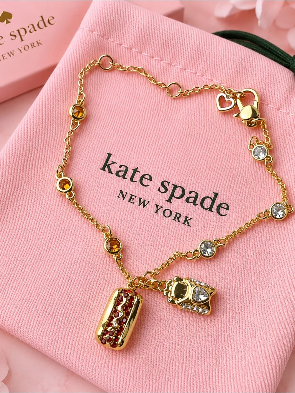 kate spade Gold-Tone hot dog and french fries Charm Bracelet with Red and Clear